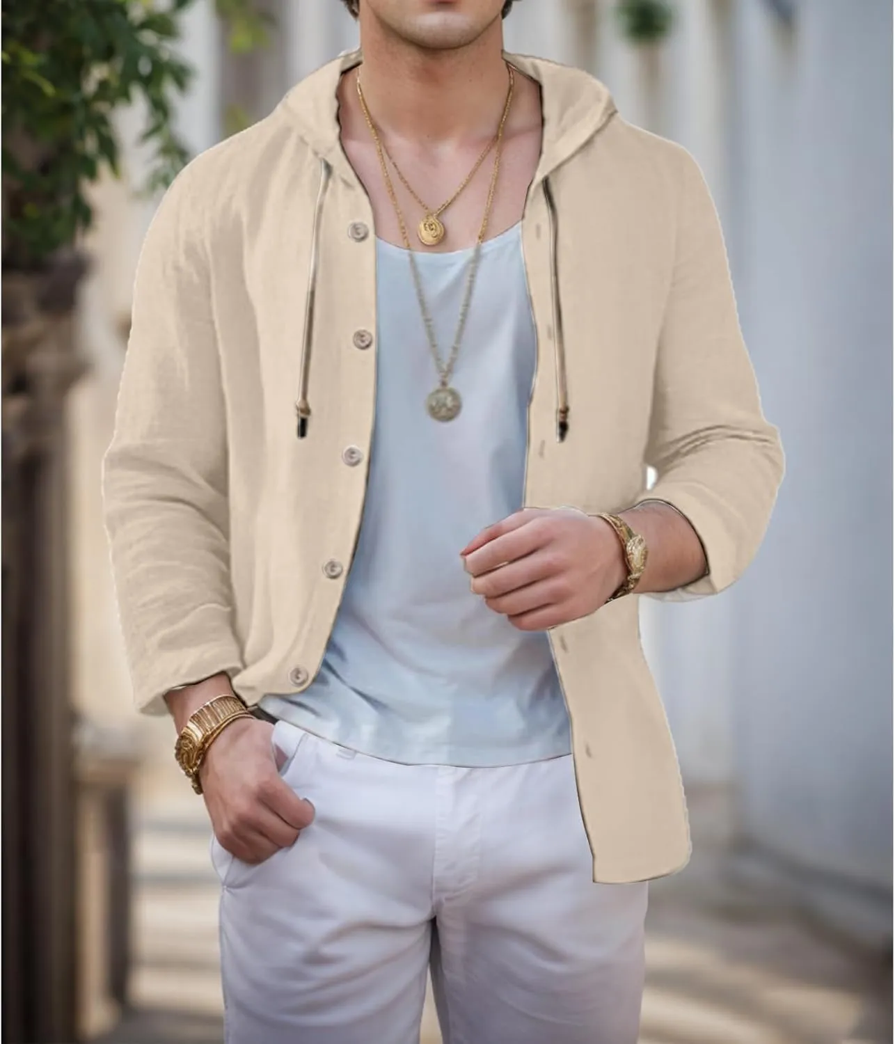 Linen Shirts for Men with Hood Casual Button Shirts Long Sleeve Shirts Cotton Linen Hoodie Summer Beach Shirts Tops