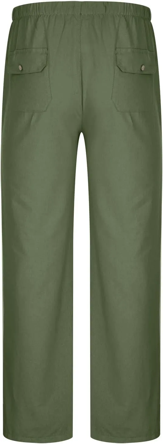 Linen Trousers for Men Straight Leg Dress Pants Elastic Waist Drawstring Pants Slim Fit Summer Pants with Pockets