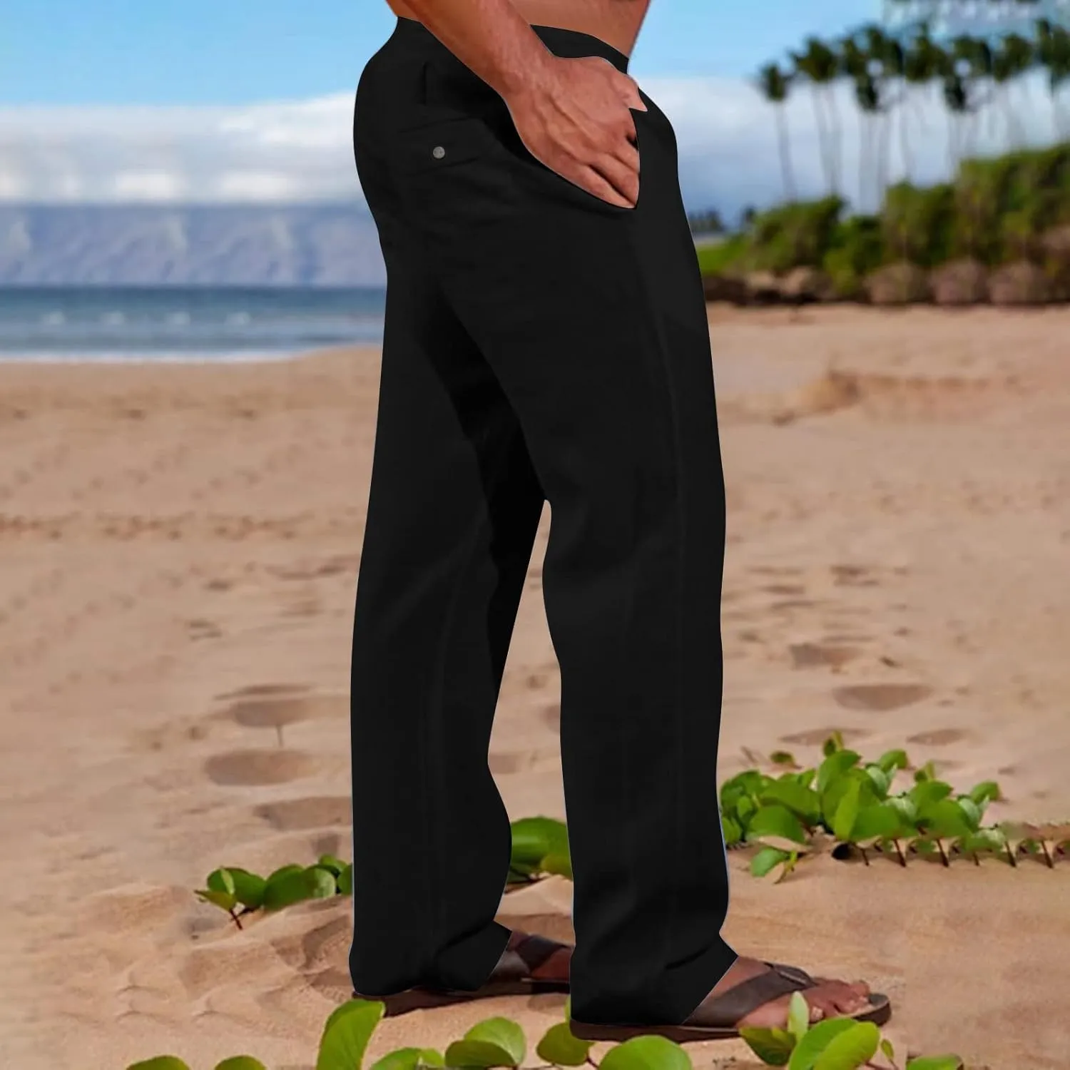 Linen Trousers for Men Straight Leg Dress Pants Elastic Waist Drawstring Pants Slim Fit Summer Pants with Pockets
