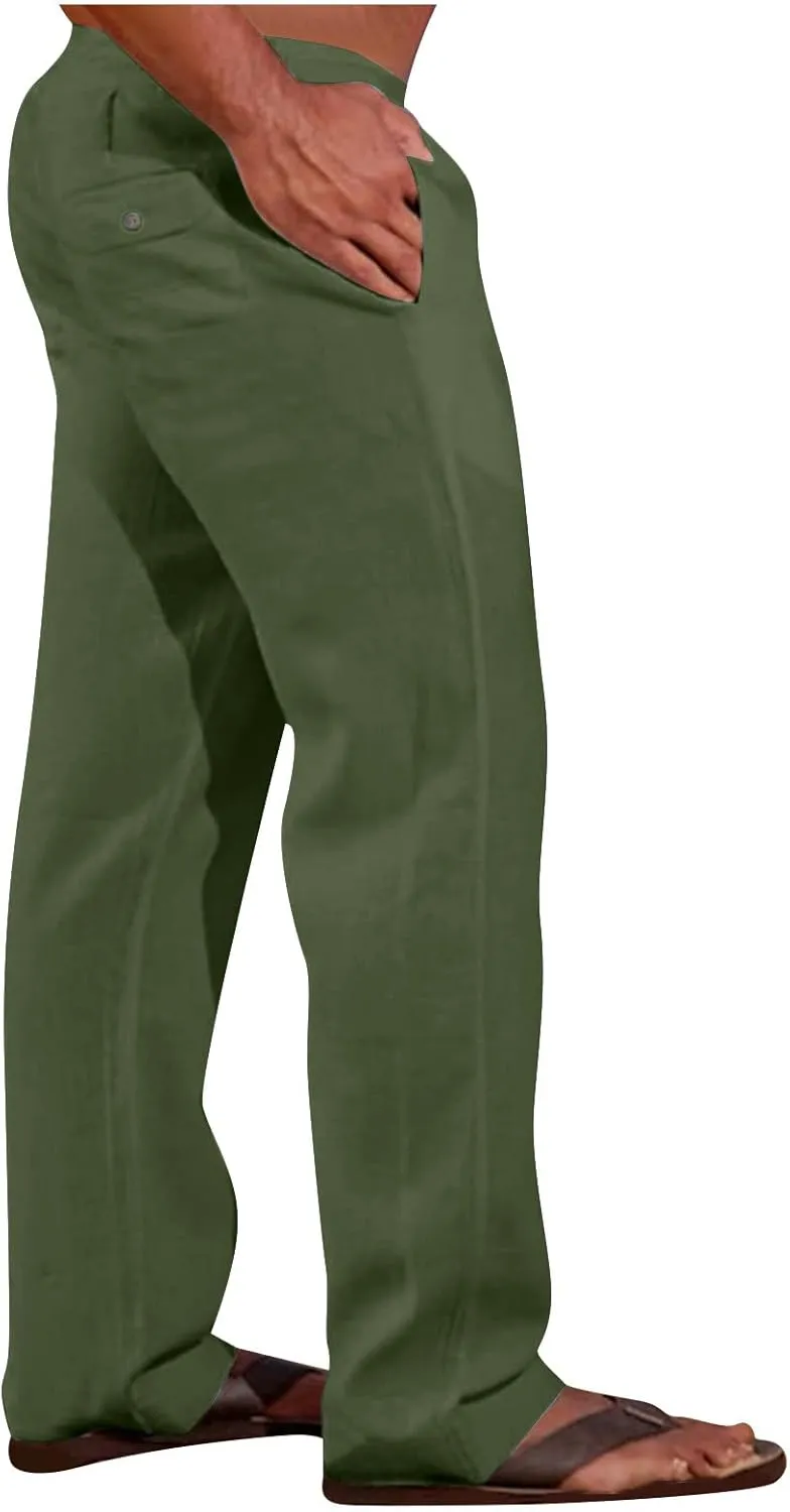 Linen Trousers for Men Straight Leg Dress Pants Elastic Waist Drawstring Pants Slim Fit Summer Pants with Pockets