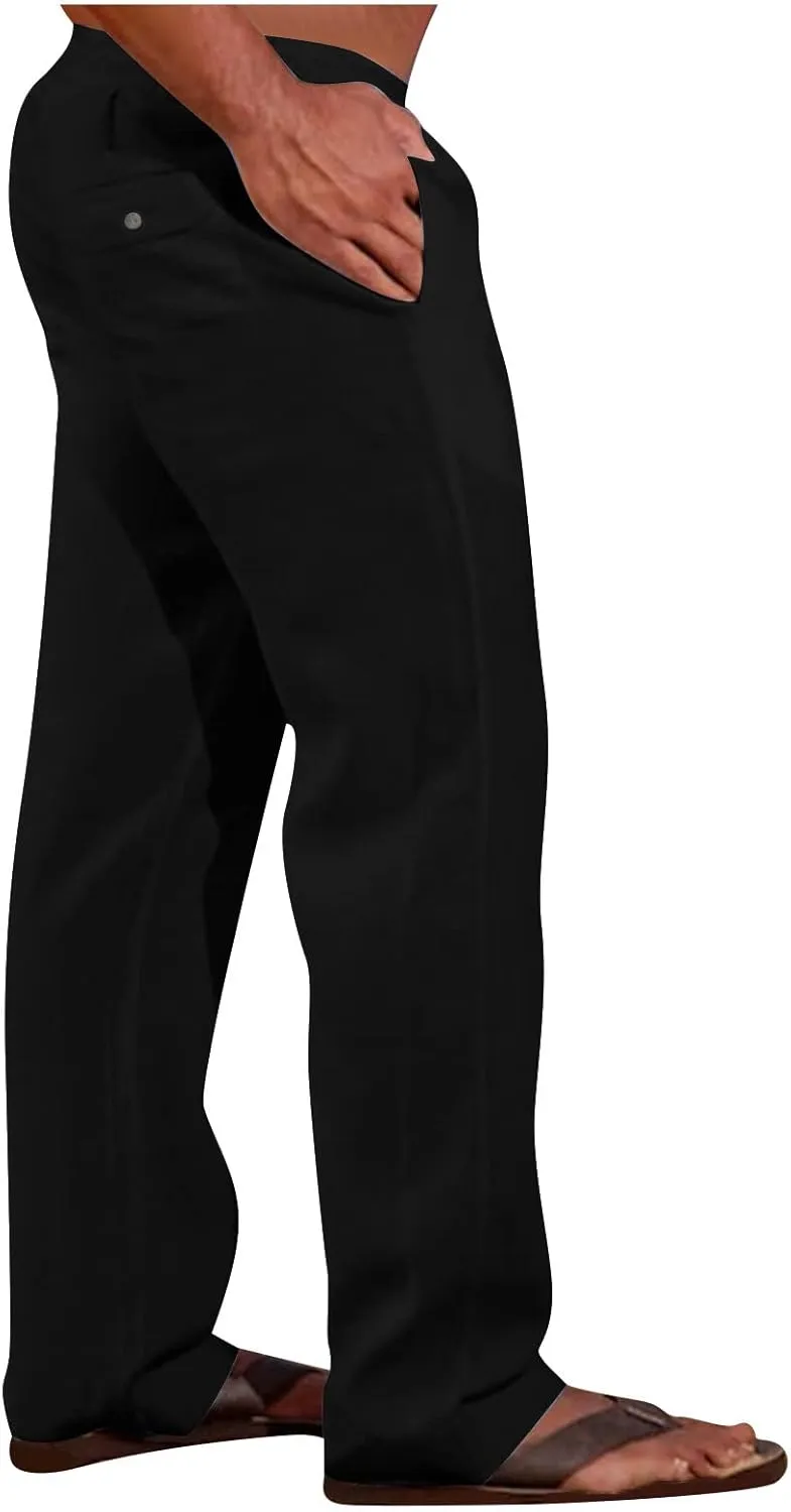 Linen Trousers for Men Straight Leg Dress Pants Elastic Waist Drawstring Pants Slim Fit Summer Pants with Pockets
