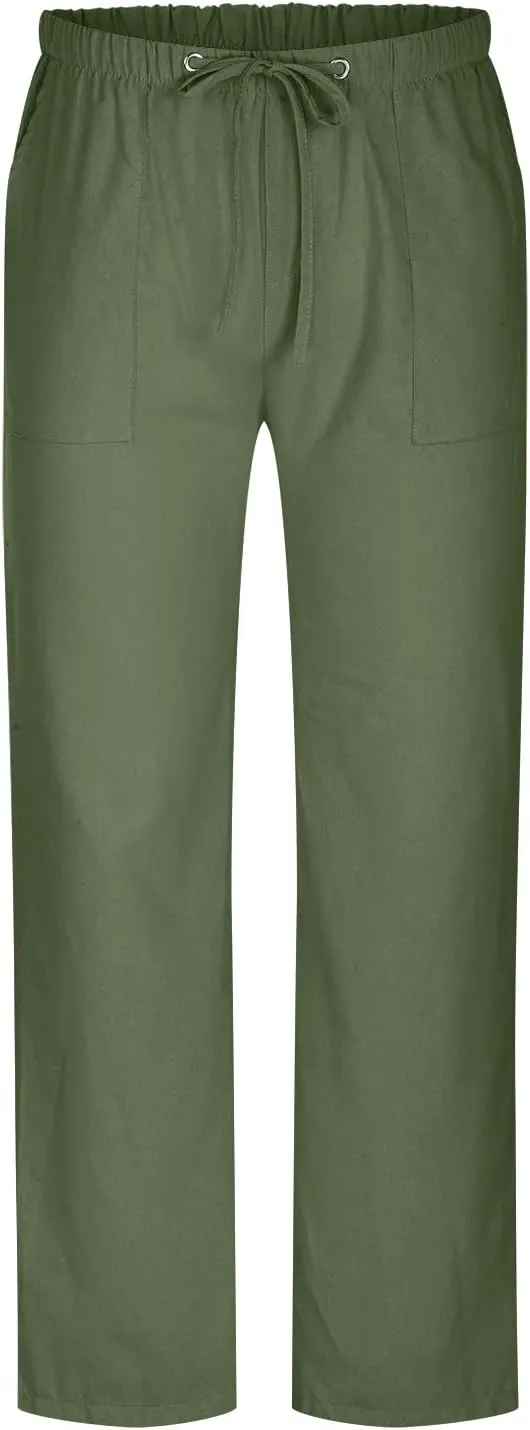 Linen Trousers for Men Straight Leg Dress Pants Elastic Waist Drawstring Pants Slim Fit Summer Pants with Pockets