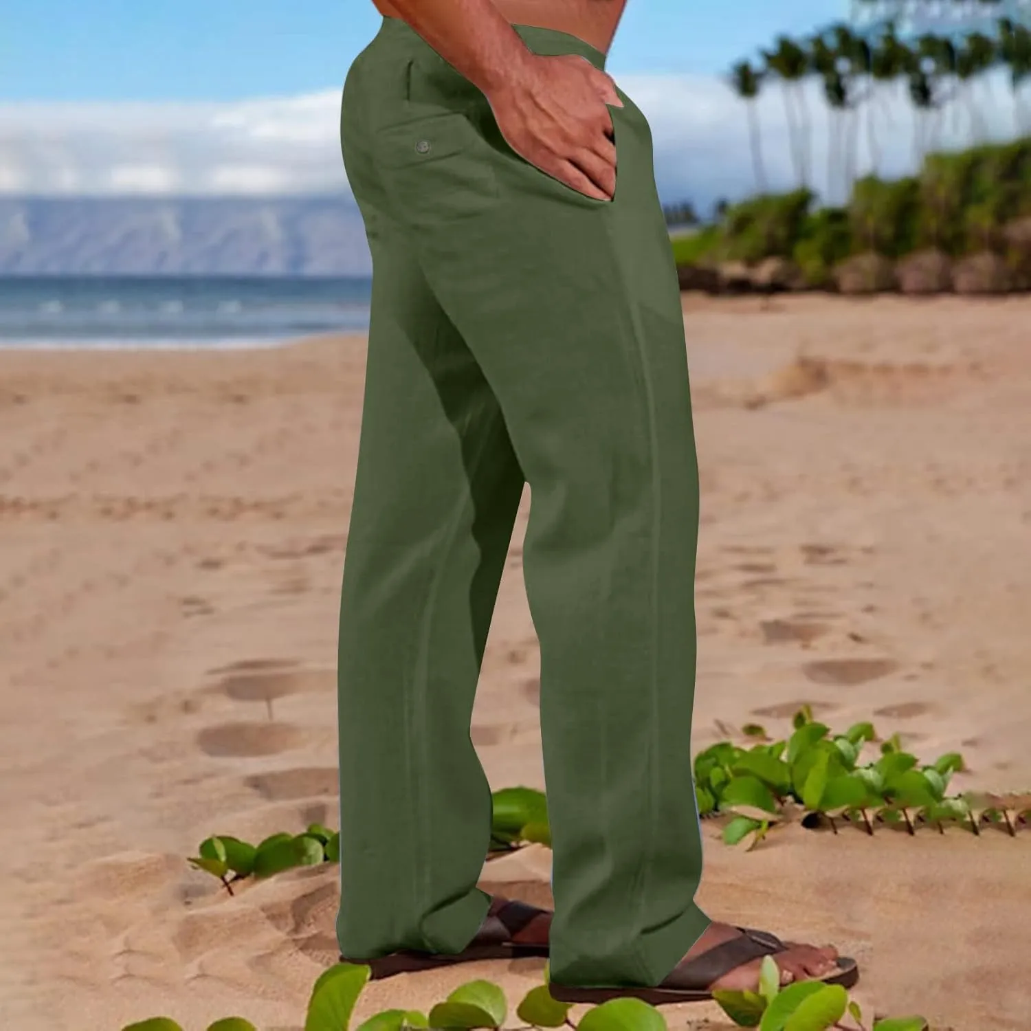 Linen Trousers for Men Straight Leg Dress Pants Elastic Waist Drawstring Pants Slim Fit Summer Pants with Pockets
