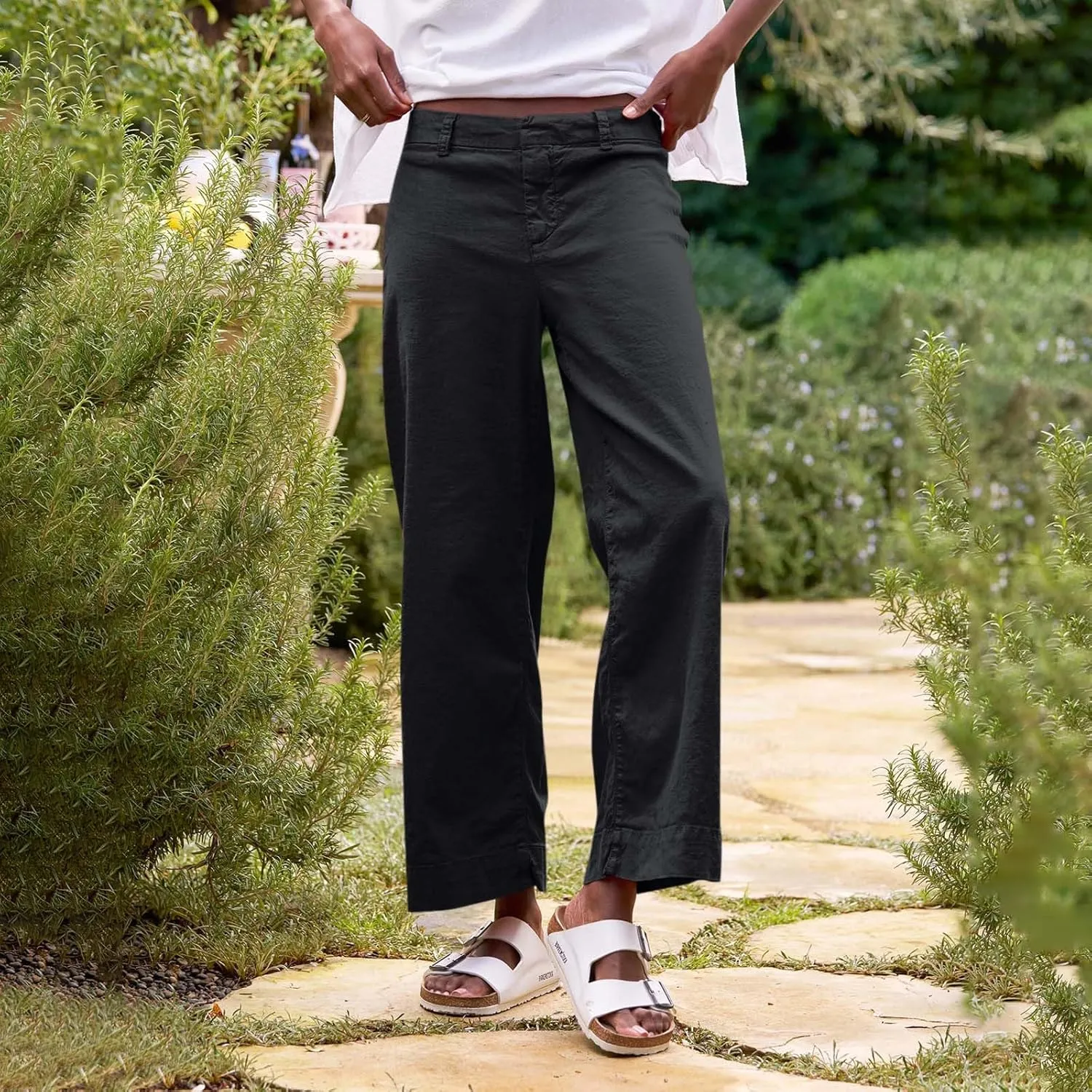 Linen Womens Pants Dressy Casual Wide Leg Summer Palazzo Pants High Waist Straight Leg Classic with Pockets Trousers