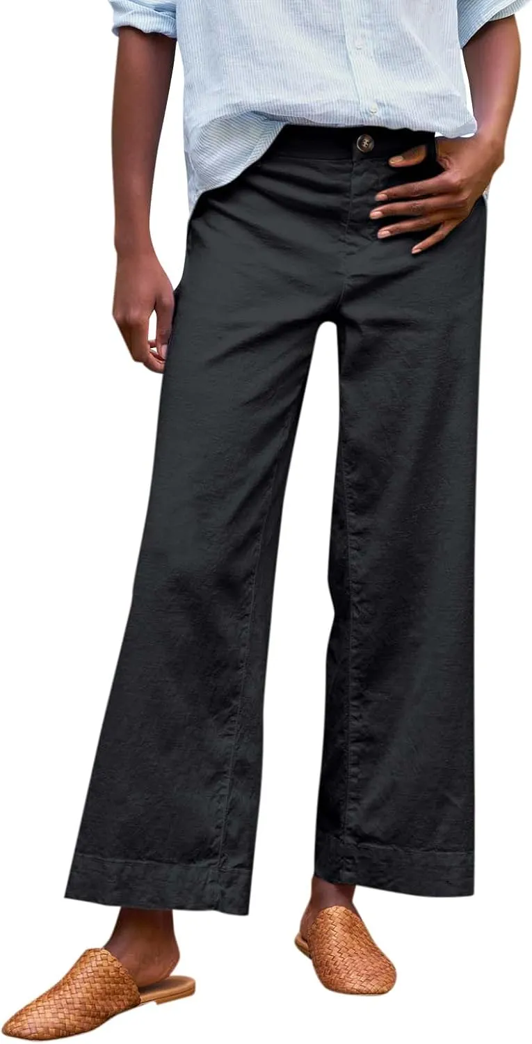 Linen Womens Pants Dressy Casual Wide Leg Summer Palazzo Pants High Waist Straight Leg Classic with Pockets Trousers