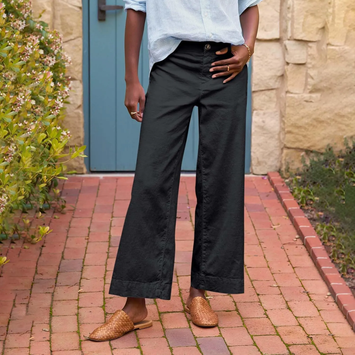 Linen Womens Pants Dressy Casual Wide Leg Summer Palazzo Pants High Waist Straight Leg Classic with Pockets Trousers