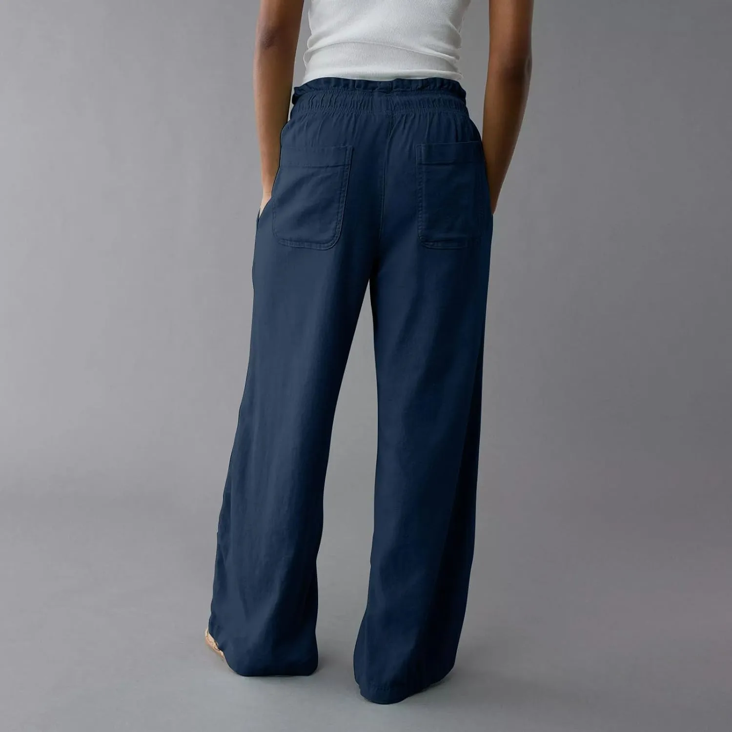 Linen Womens Pants Elastic Waist Casual Wide Leg Summer Palazzo Pants High Waist Straight Trendy with Pockets Outfits