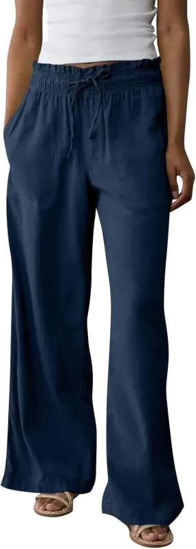 Linen Womens Pants Elastic Waist Casual Wide Leg Summer Palazzo Pants High Waist Straight Trendy with Pockets Outfits