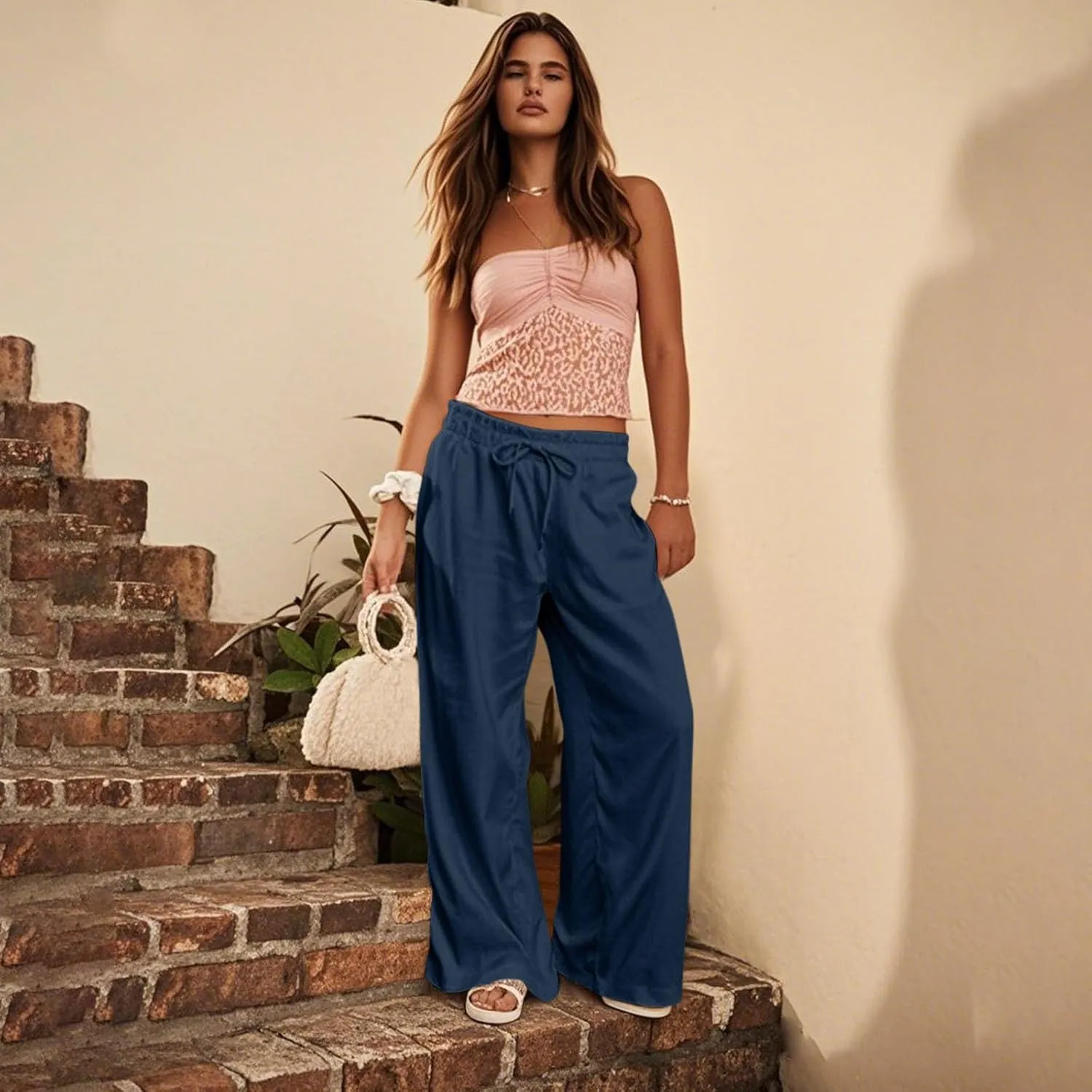 Linen Womens Pants Elastic Waist Casual Wide Leg Summer Palazzo Pants High Waist Straight Trendy with Pockets Outfits