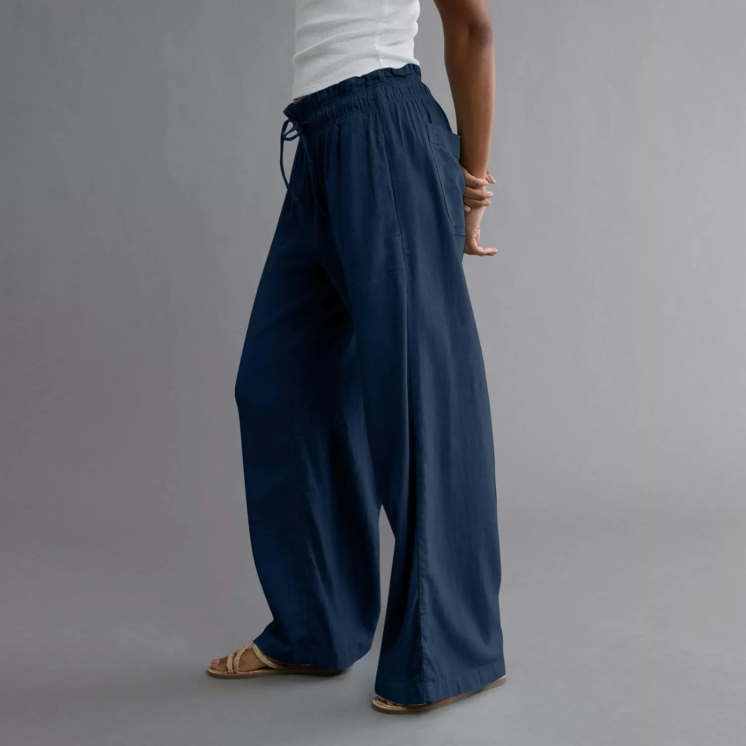 Linen Womens Pants Elastic Waist Casual Wide Leg Summer Palazzo Pants High Waist Straight Trendy with Pockets Outfits