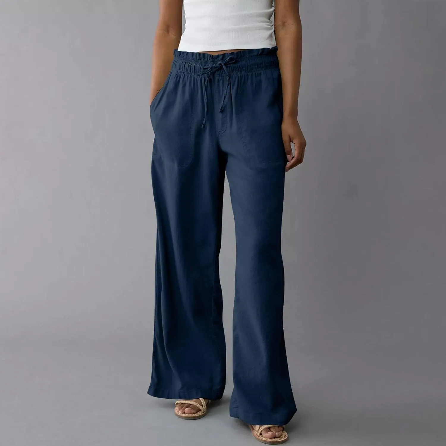 Linen Womens Pants Elastic Waist Casual Wide Leg Summer Palazzo Pants High Waist Straight Trendy with Pockets Outfits