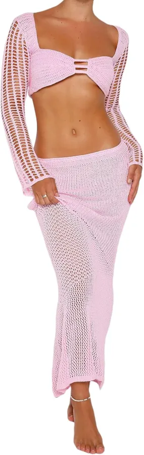 lisenraIn Women Two Piece Crochet Set Long Sleeve Hollow Out Crop Top and Skirt Outfit Summer Beach Knitted Cover Up