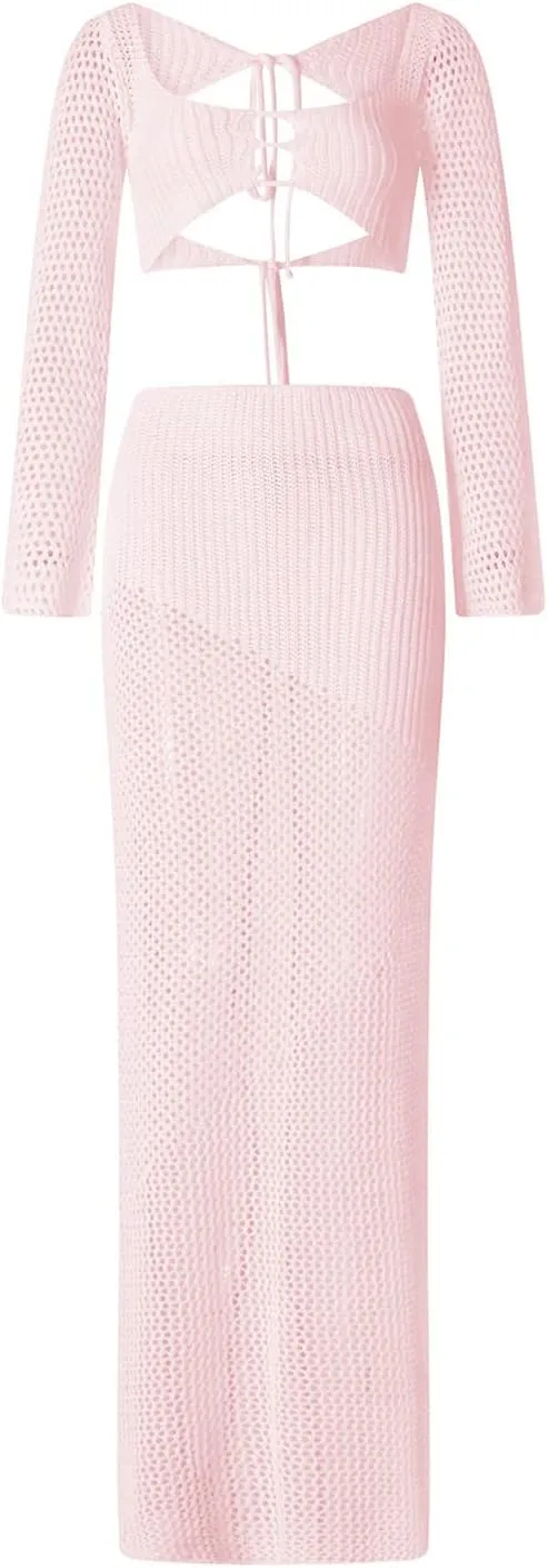 lisenraIn Women Two Piece Crochet Set Long Sleeve Hollow Out Crop Top and Skirt Outfit Summer Beach Knitted Cover Up