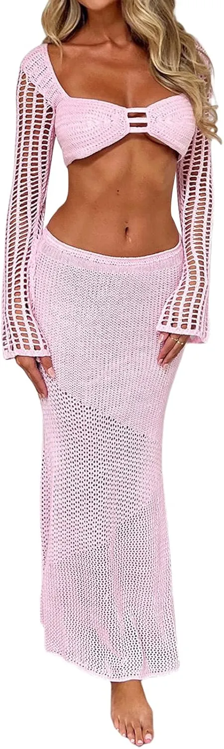 lisenraIn Women Two Piece Crochet Set Long Sleeve Hollow Out Crop Top and Skirt Outfit Summer Beach Knitted Cover Up