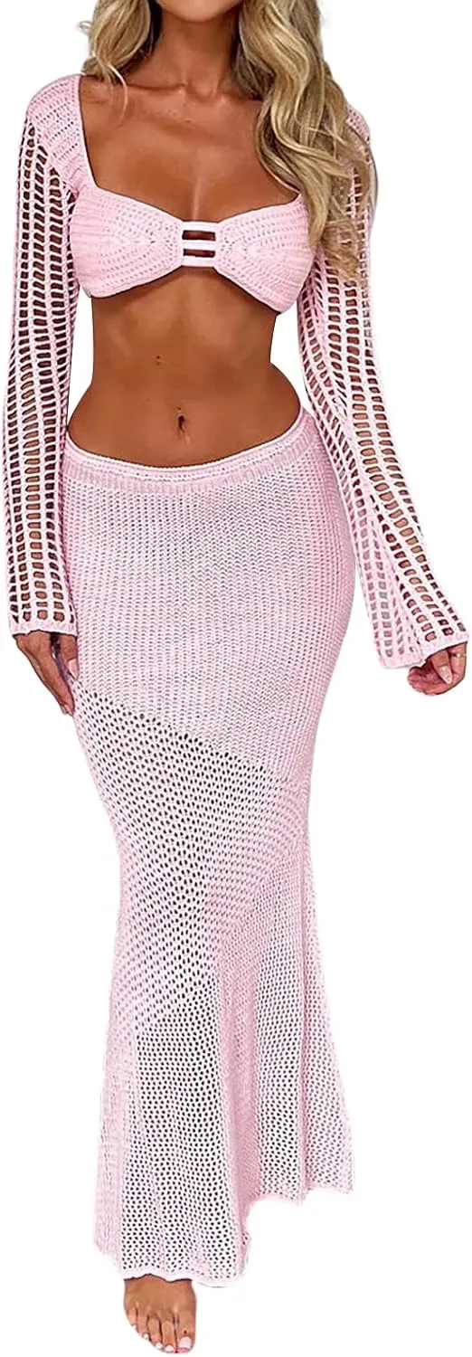 lisenraIn Women Two Piece Crochet Set Long Sleeve Hollow Out Crop Top and Skirt Outfit Summer Beach Knitted Cover Up