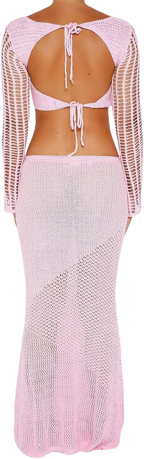lisenraIn Women Two Piece Crochet Set Long Sleeve Hollow Out Crop Top and Skirt Outfit Summer Beach Knitted Cover Up