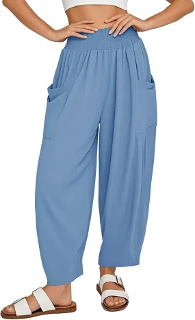Litetao Linen Pants Women Summer Short Womens Casual Elastic Drawstring Pants Straight Trousers with Pockets Cargo Pants