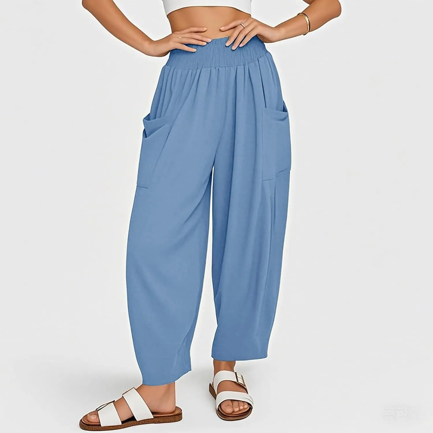 Litetao Linen Pants Women Summer Short Womens Casual Elastic Drawstring Pants Straight Trousers with Pockets Cargo Pants