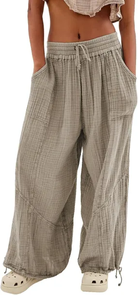 Litetao Linen Pants Women Summer Short Womens Casual Elastic Drawstring Pants Straight Trousers with Pockets Cargo Pants