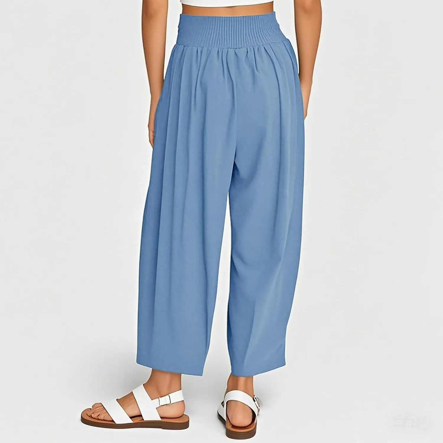 Litetao Linen Pants Women Summer Short Womens Casual Elastic Drawstring Pants Straight Trousers with Pockets Cargo Pants
