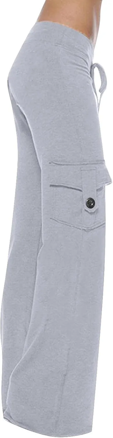 Lmdudan Women Cargo Pants High Waist Wide Leg Pants with Pockets Casual Button Stretch Yoga Workout Leggings Gym Sweatpants