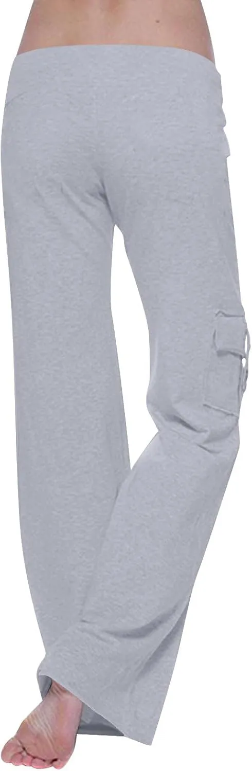 Lmdudan Women Cargo Pants High Waist Wide Leg Pants with Pockets Casual Button Stretch Yoga Workout Leggings Gym Sweatpants