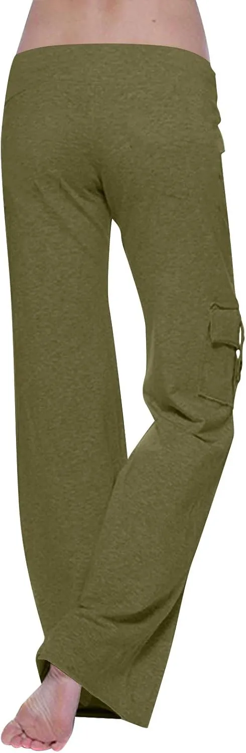Lmdudan Women Cargo Pants High Waist Wide Leg Pants with Pockets Casual Button Stretch Yoga Workout Leggings Gym Sweatpants