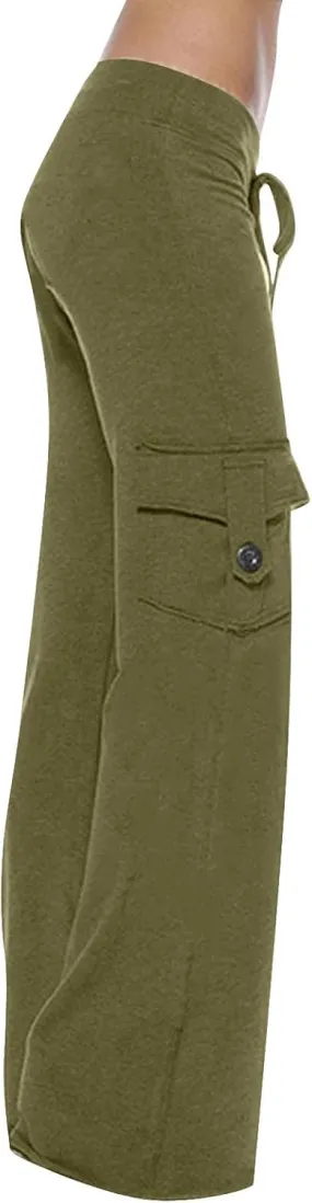 Lmdudan Women Cargo Pants High Waist Wide Leg Pants with Pockets Casual Button Stretch Yoga Workout Leggings Gym Sweatpants
