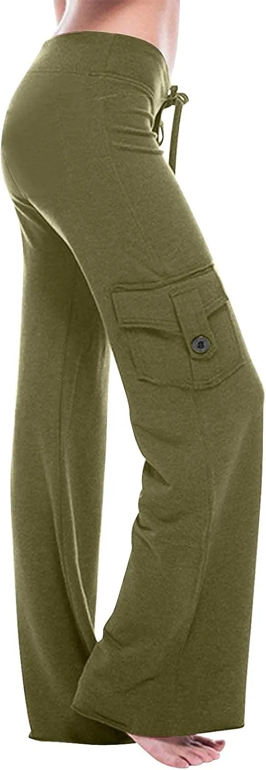 Lmdudan Women Cargo Pants High Waist Wide Leg Pants with Pockets Casual Button Stretch Yoga Workout Leggings Gym Sweatpants