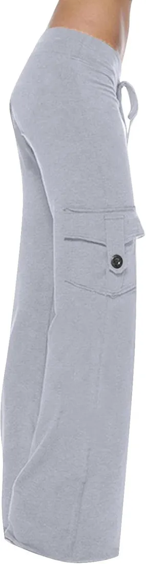 Lmdudan Women Cargo Pants High Waist Wide Leg Pants with Pockets Casual Button Stretch Yoga Workout Leggings Gym Sweatpants