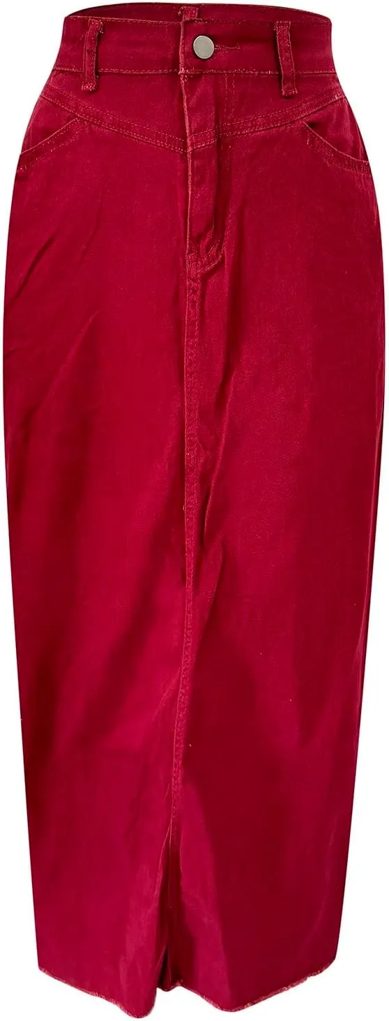 Long Denim Skirts for Women with Pockets Casual High Waisted Stretch Pencil Maxi Jean Skirt