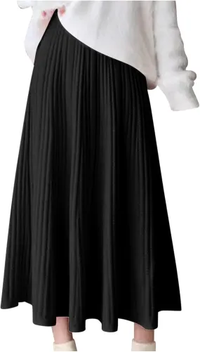 Long Skirts for Women Fall Casual High Waisted Ribbed Knit Midi Skirts Fashion Ruffle Pleated Knitted Half Skirt