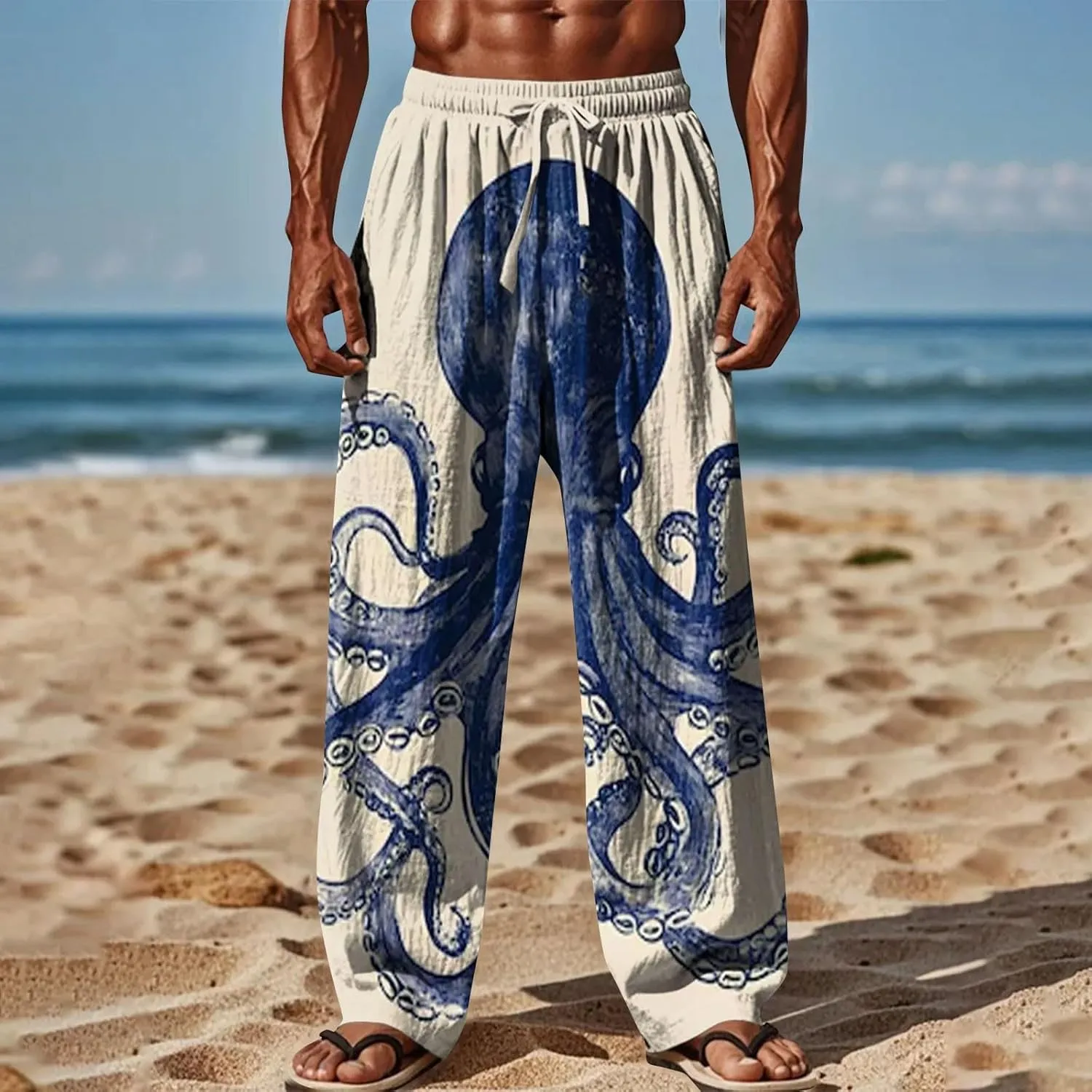 Loose Fit Elastic Drawstring Waist Fit Casual Summer Elastic Waist Drawstring Baggy Summer Beach Trousers with Pocket