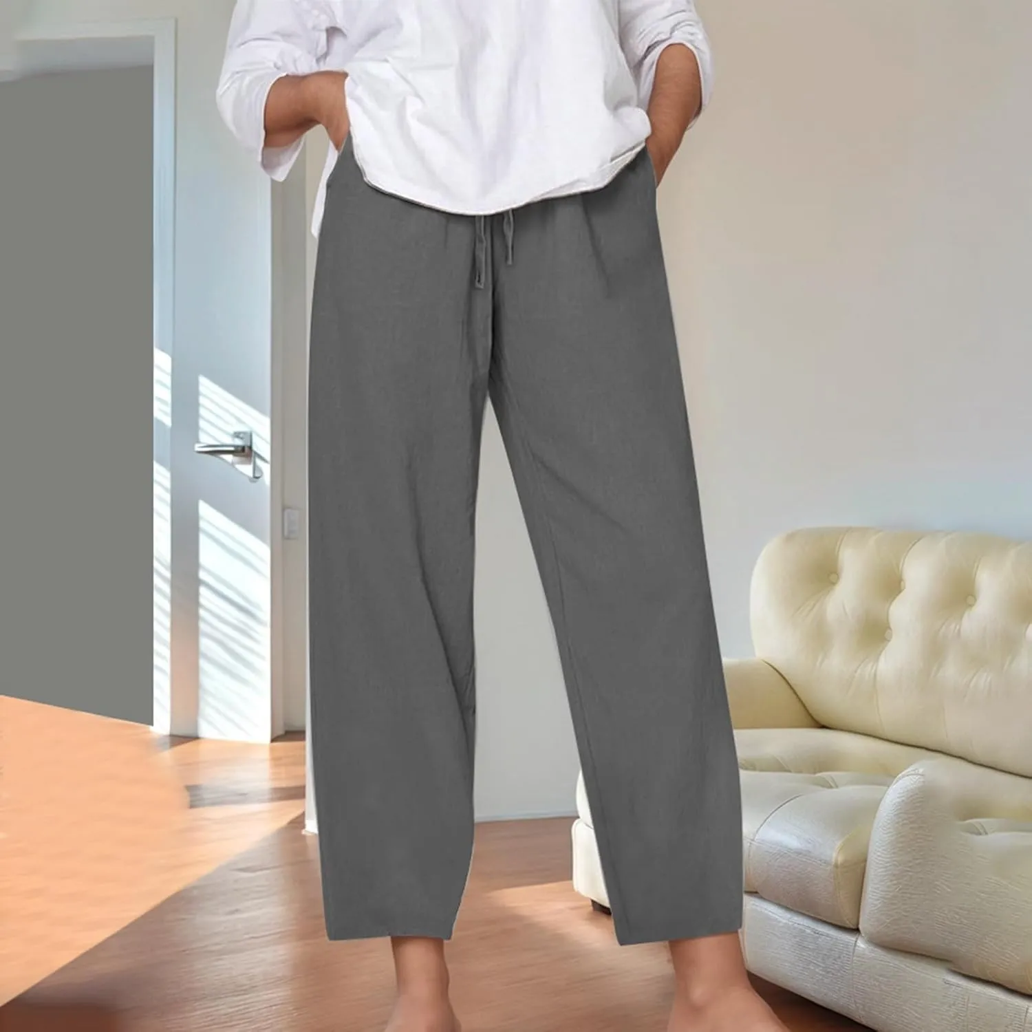 Lounge Linen Pants Women Summer Casual Solid Color Boho Plus Size High Waisted Linen Pants Plus Size Trousers with Pockets