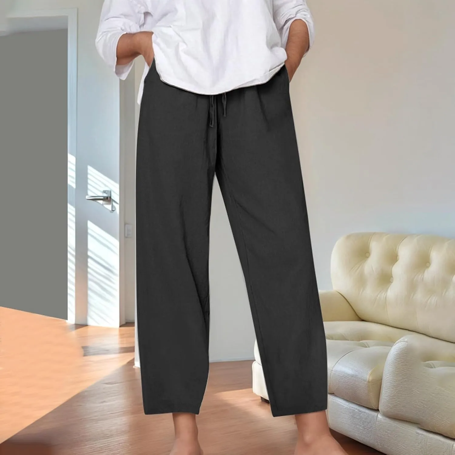 Lounge Linen Pants Women Summer Casual Solid Color Boho Plus Size High Waisted Linen Pants Plus Size Trousers with Pockets