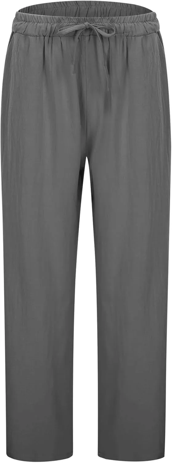 Lounge Linen Pants Women Summer Casual Solid Color Boho Plus Size High Waisted Linen Pants Plus Size Trousers with Pockets