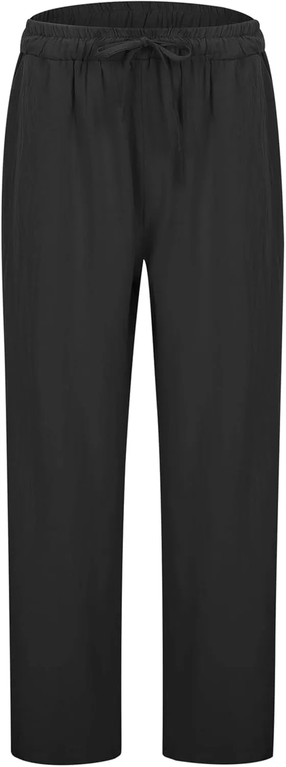 Lounge Linen Pants Women Summer Casual Solid Color Boho Plus Size High Waisted Linen Pants Plus Size Trousers with Pockets