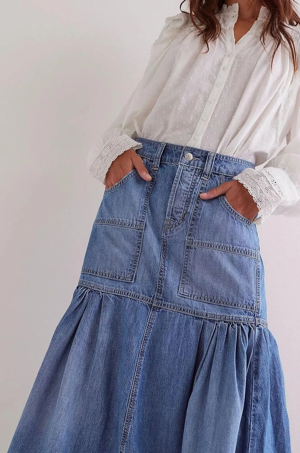 loveimgs Women Casual Pleated Denim Skirt High Waisted Ruffle Mid Long Jean Skirt Y2k A Line Midi Skirt Pockets