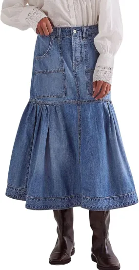 loveimgs Women Casual Pleated Denim Skirt High Waisted Ruffle Mid Long Jean Skirt Y2k A Line Midi Skirt Pockets