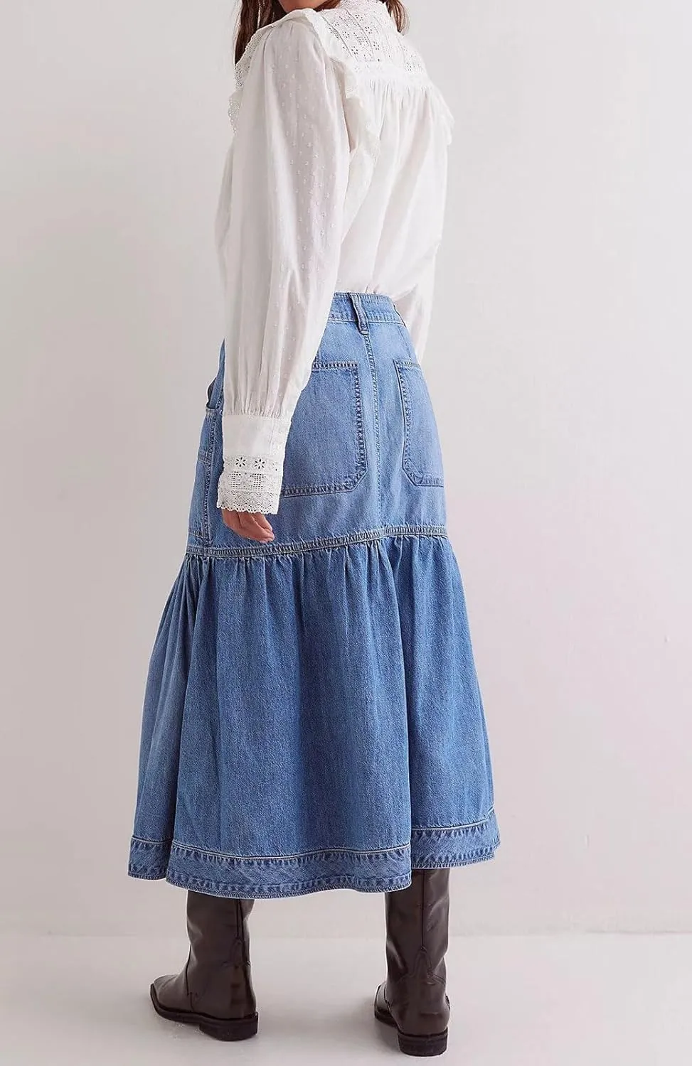 loveimgs Women Casual Pleated Denim Skirt High Waisted Ruffle Mid Long Jean Skirt Y2k A Line Midi Skirt Pockets