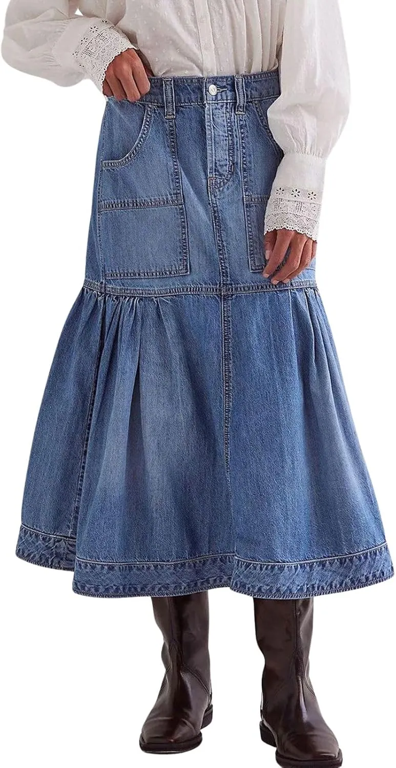 loveimgs Women Casual Pleated Denim Skirt High Waisted Ruffle Mid Long Jean Skirt Y2k A Line Midi Skirt Pockets