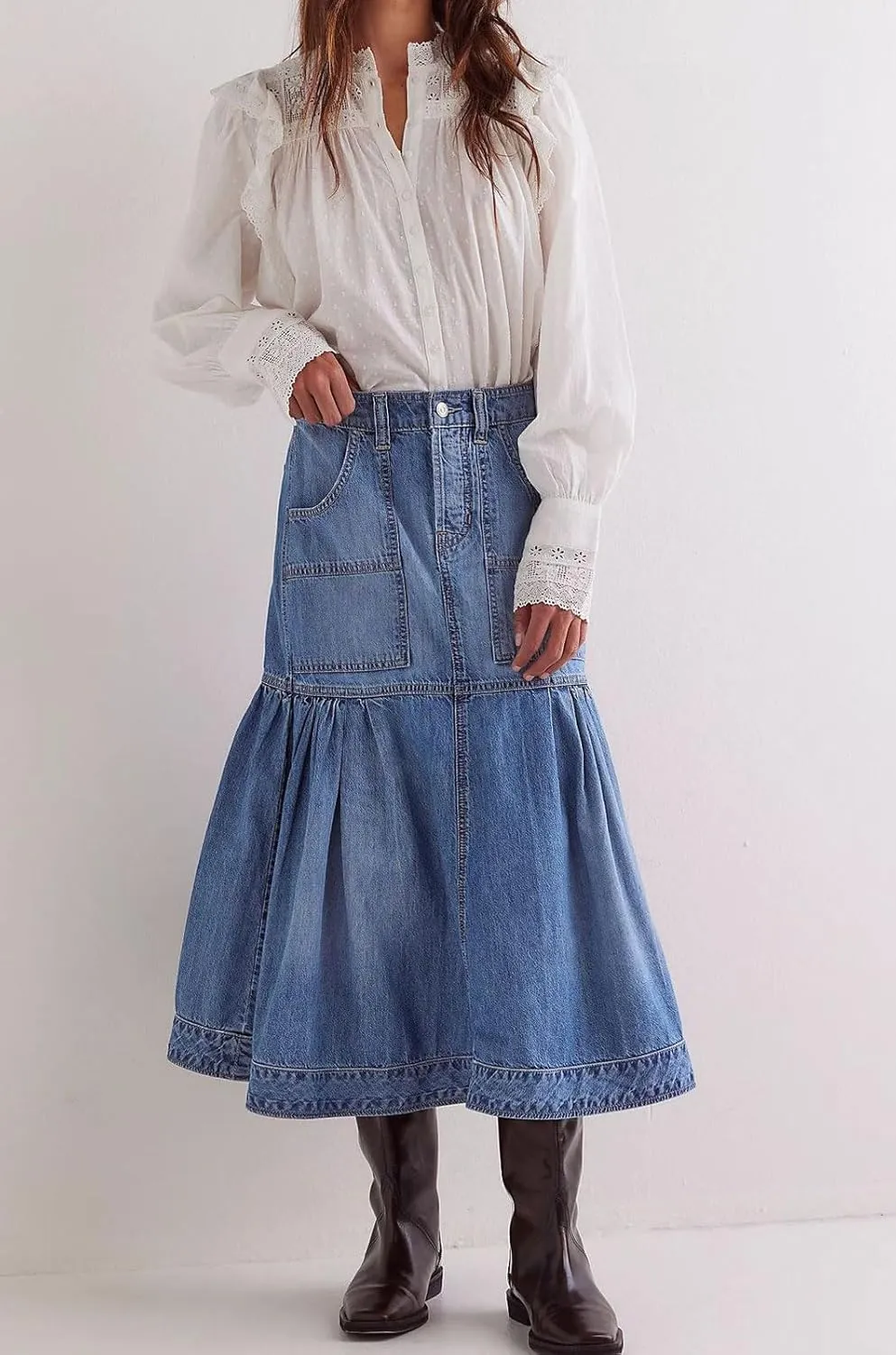 loveimgs Women Casual Pleated Denim Skirt High Waisted Ruffle Mid Long Jean Skirt Y2k A Line Midi Skirt Pockets
