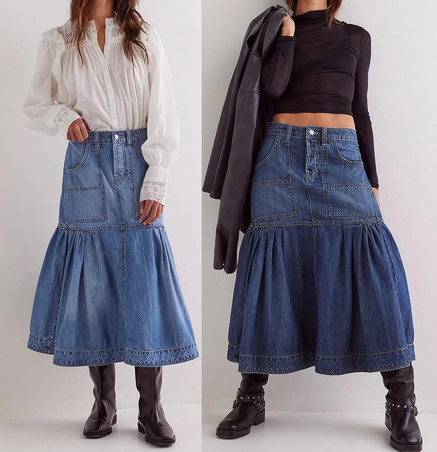 loveimgs Women Casual Pleated Denim Skirt High Waisted Ruffle Mid Long Jean Skirt Y2k A Line Midi Skirt Pockets