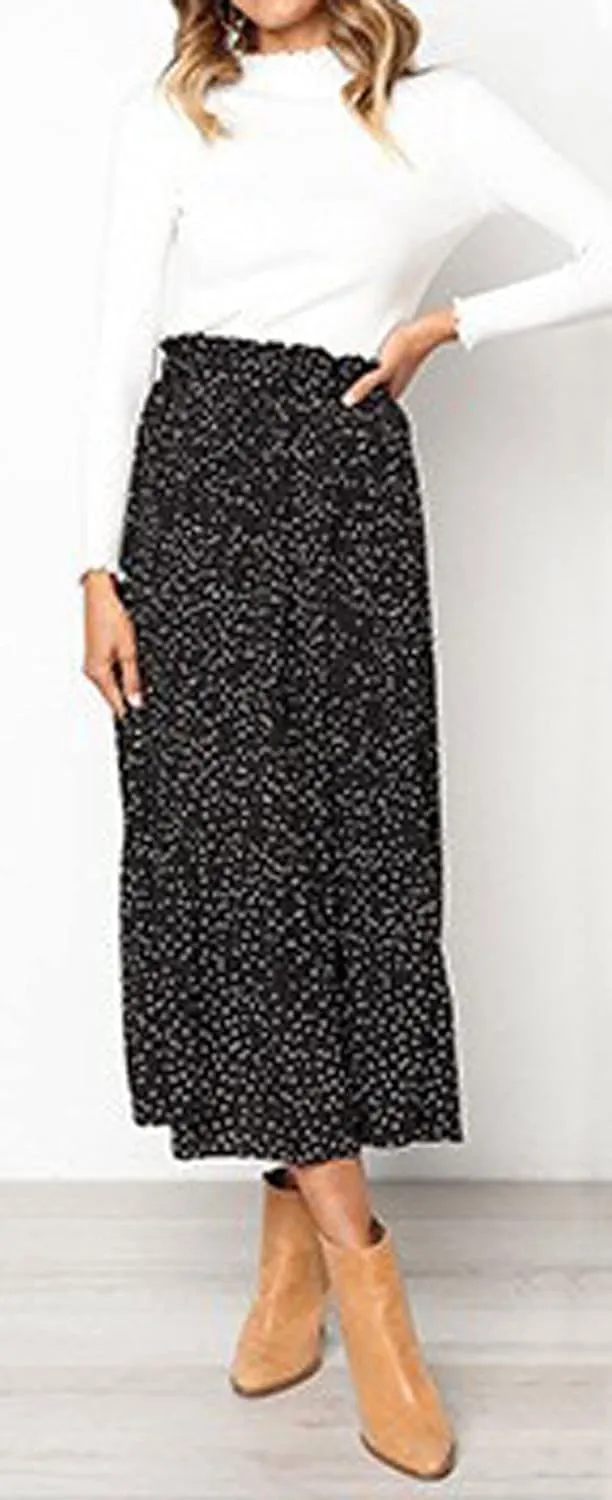 loveimgs Women's Polka Dot Elastic High Waisted Pleated Ruffle Long Skirt Party Flowy A Line Midi Skirt