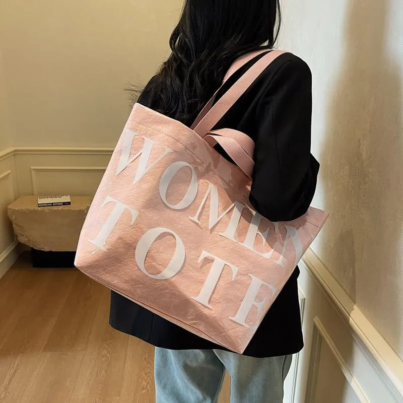 Lushandy Tote Bag for Women Large PVC Tote Bag with Shoulder Strap Trendy Womens Letters Print Tote Bag Shiny Hobo Handbag