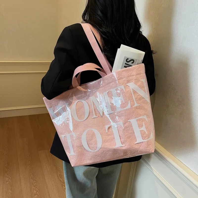 Lushandy Tote Bag for Women Large PVC Tote Bag with Shoulder Strap Trendy Womens Letters Print Tote Bag Shiny Hobo Handbag