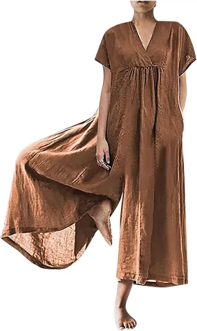 maisdgop Womens Rompers for Summer Short Sleeve Jumpsuits Casual Baggy Wide Leg Overalls Cotton Linen Harem Pants Romper