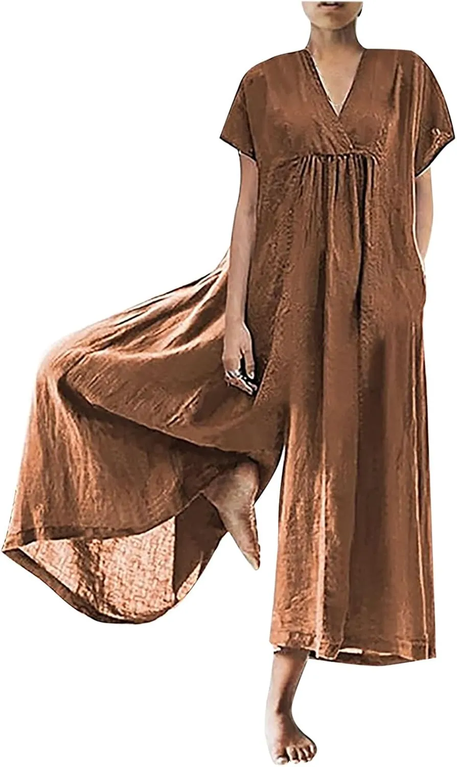 maisdgop Womens Rompers for Summer Short Sleeve Jumpsuits Casual Baggy Wide Leg Overalls Cotton Linen Harem Pants Romper