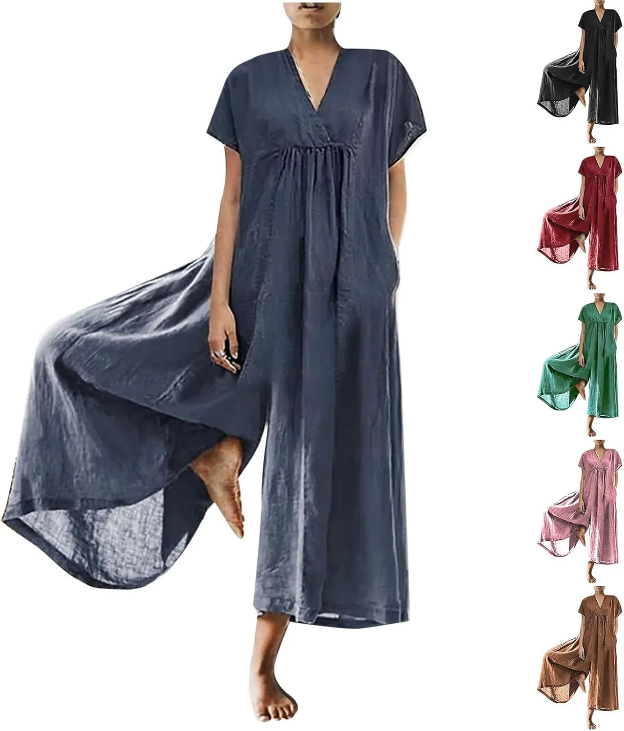 maisdgop Womens Rompers for Summer Short Sleeve Jumpsuits Casual Baggy Wide Leg Overalls Cotton Linen Harem Pants Romper