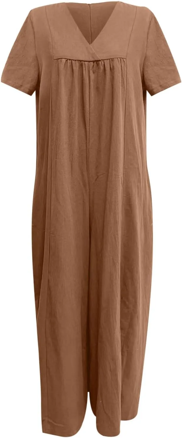 maisdgop Womens Rompers for Summer Short Sleeve Jumpsuits Casual Baggy Wide Leg Overalls Cotton Linen Harem Pants Romper